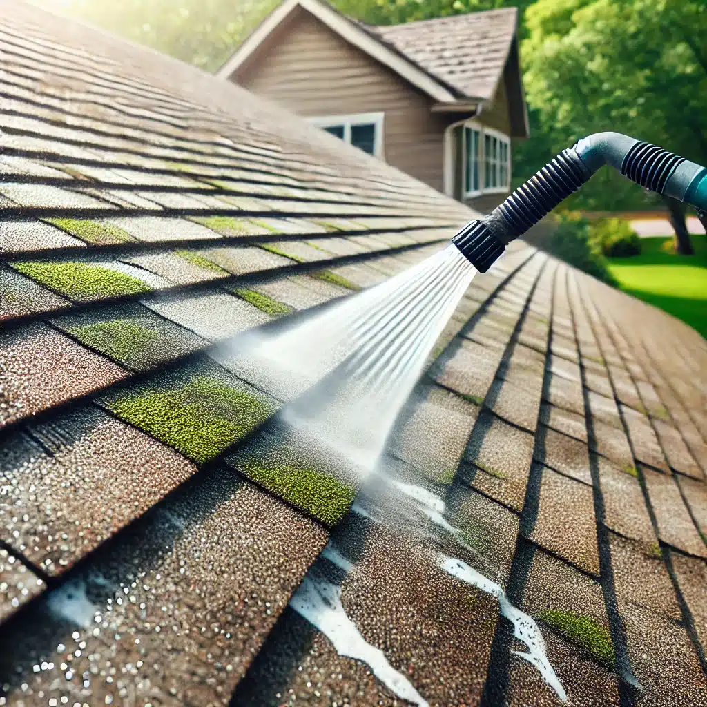 DALL·E 2024 07 30 15.40.39 A soft washing scene on a house roof with shingles. The roof is being cleaned gently with a low pressure hose, spraying a light cleaning solution. The