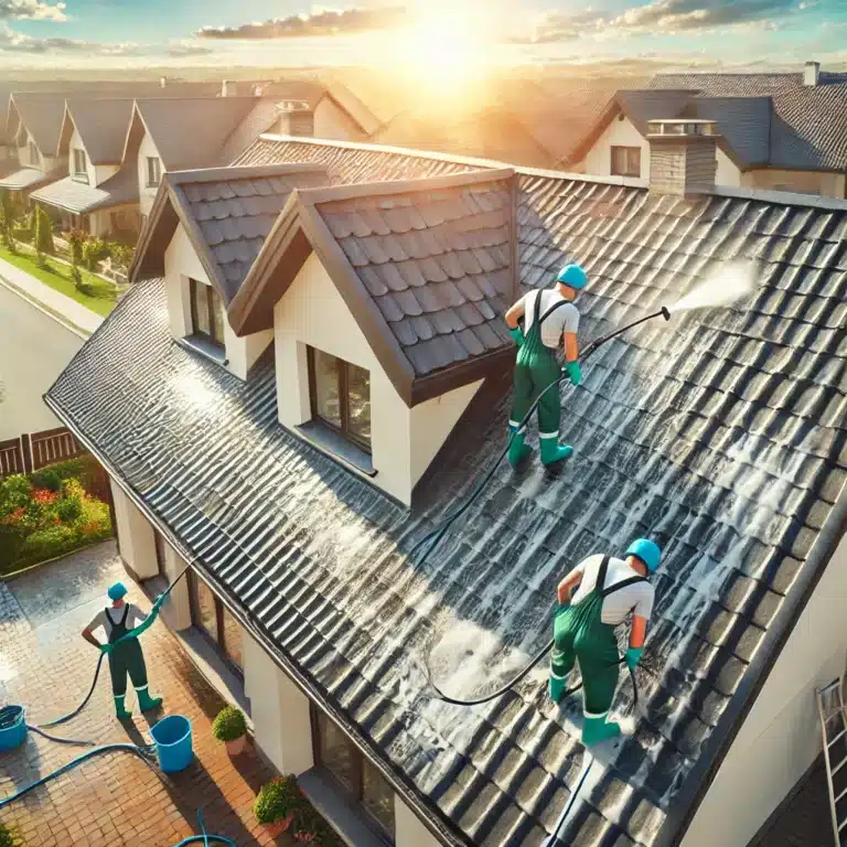 DALL·E 2024 07 30 15.51.25 A scene showing a new roof being cleaned by professionals. Workers are using low pressure hoses and gentle cleaning solutions to wash the roof. The ro