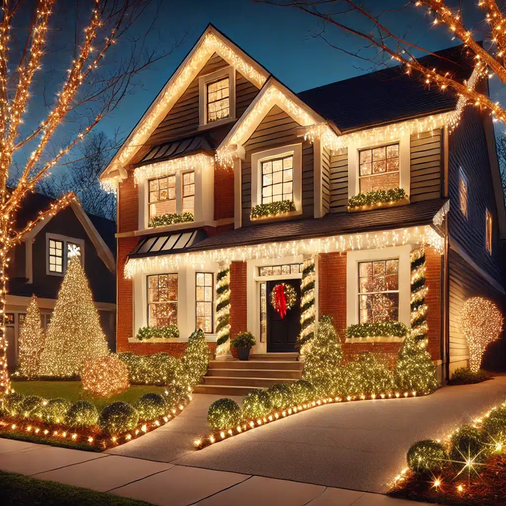 DALL·E 2024 09 10 14.21.08 A beautifully decorated suburban home during the holiday season with a professionally installed holiday light display. The house features bright, ener