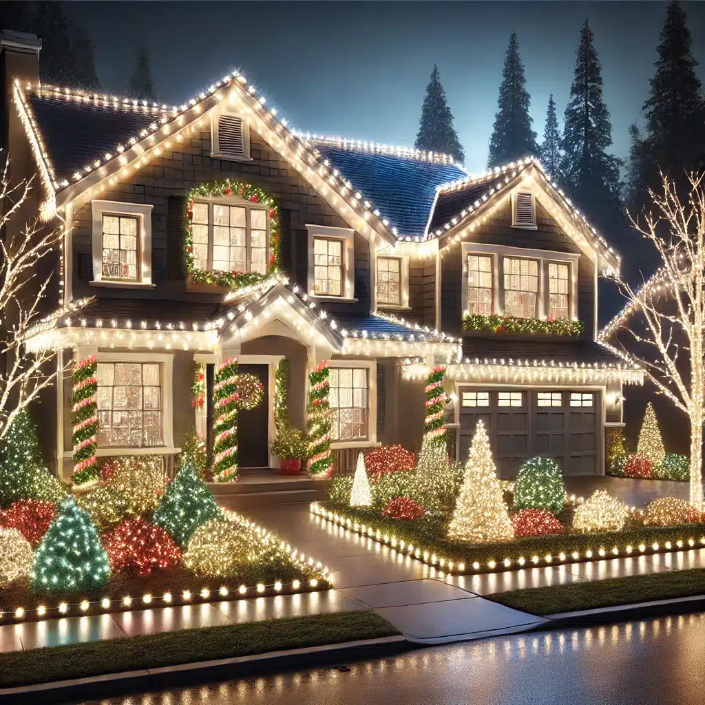 DALL·E 2024 09 17 14.21.27 A realistic image of a beautifully decorated suburban home during the holiday season with professionally installed holiday lights. The house features