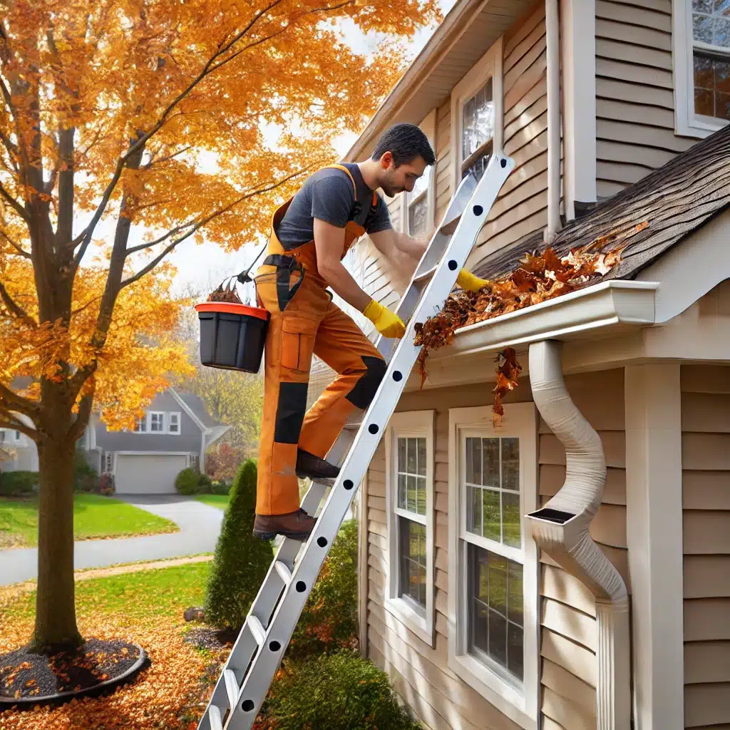 DALL·E 2024 09 24 13.00.28 A professional cleaning out gutters and downspouts on a residential home during fall. The scene shows a worker wearing safety gear, standing on a stur