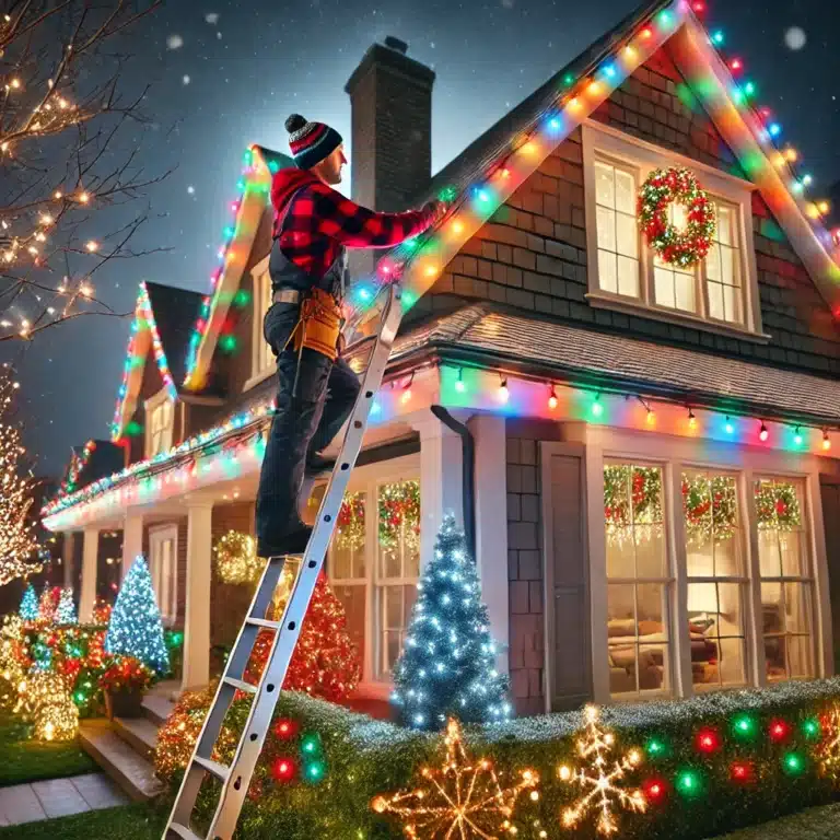 DALL·E 2024 09 24 13.15.41 A professional holiday light installer placing colorful, festive lights on a suburban home's roofline. The worker is wearing safety gear, using a ladd